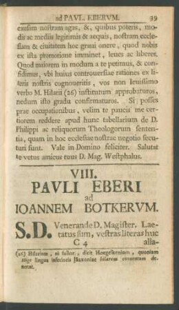 VIII. Pauli Eberi ad Ioannem Botkerum