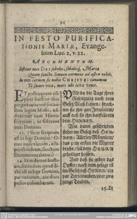 In Festo Purificationis Mariae, Evangelium Luc. 2, v. 22.