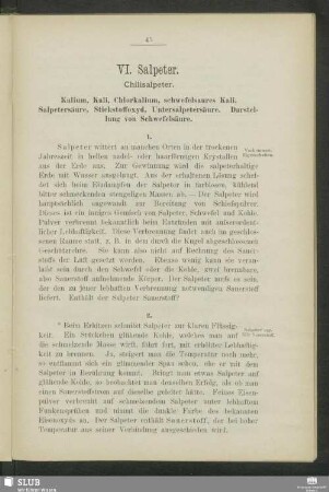VI. Salpeter. Chilisalpeter. Kalium, Kali, Chlorkalium, schwefelsaures Kali. Salpetersäure, Stickstoffoxyd, Untersalpetersäure. Darstellung von Schwefelsäure