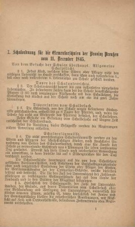 I. Schulordnung für die Elementarschulen der Provinz Preußen vom 11. December 1845