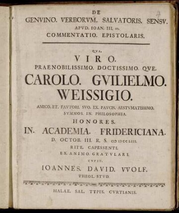 De Genvino. Verborvm. Salvatoris. Sensv. Apvd. Ioan. III, 10. Commentatio. Epistolaris