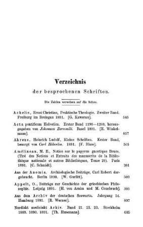 Verzeichnis der besprochenen Schriften. Die Zahlen verweisen auf die Seiten.