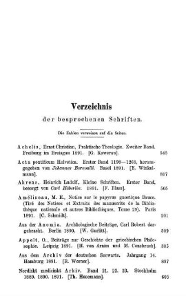 Verzeichnis der besprochenen Schriften. Die Zahlen verweisen auf die Seiten.