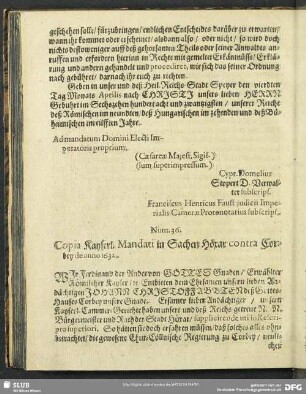 Num. 36. Copia Kayserl. Mandati in Sachen Höxar contra Corvey de anno 1632
