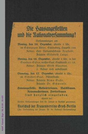 Ausschuß der Frauenvereine Groß-Berlin - Die Hausangestellten und die Nationalversammlung! - Programm