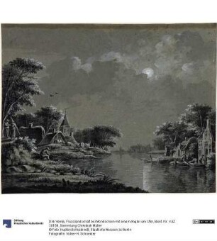 Flusslandschaft bei Mondschein mit einem Angler am Ufer