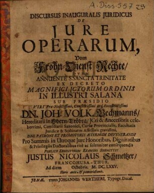 Discursus Inauguralis Juridicus De Jure Operarum = Vom Frohn-Dienst Recht