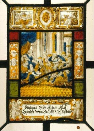 Kabinettscheibe mit der römischen Legende vom Tod der Virginia (Livius, Ab urbe condita) in grottesker Rahmung und allegorischen Darstellungen der Musik und des Frühlings