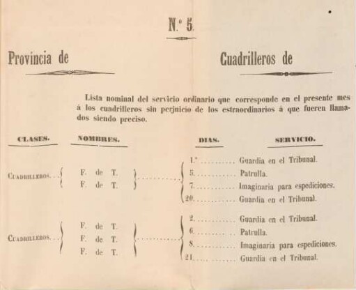 No. 5. Provincia de Cuadrilleros de lista nominal del servicio ordinario ...