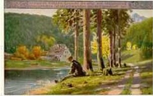 Wanderer an einer Wassermühle