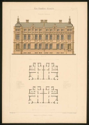 Doppelwohnhaus mit Zwiebelhauben: Grundrisse und Ansicht (aus: Ein-Familien-Häuser, entworfen und gezeichnet von Hermann Bethke)