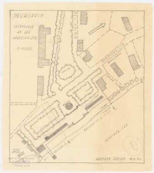 Bebauungsplan der Stadterweiterung, Neuruppin 2. Projekt. Südliche Hälfte: Lageplan 1:1000, Variante zu Inv.Nr. 21189 (Musikpavillon): Grünanlage an der Warzechastraße,