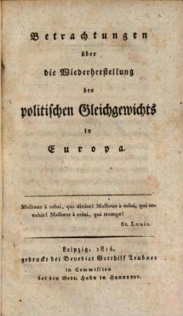 Betrachtungen über die Wiederherstellung des politischen Gleichgewichts in Europa