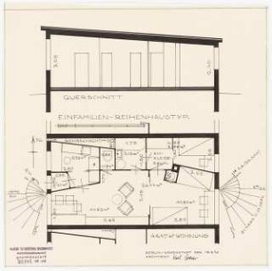 Studie: Einfamilienreihenhaustyp: Grundriss 1:50, Querschnitt 1:50