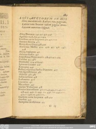 Loci Auctorum In His libris emendati, ubi Barbara nota paginam, Latina vero locorum eadem pagina emendatorum numerum designat.