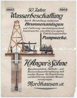 50 Jahre Wasserbeschaffung durch Herstellung moderner Brunnenanlagen und Lieferung zweckentsprechend konstruierter, erprobter und in eigener Fabrik hergestellter Pumpwerke.