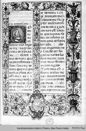 Libro da compagnie laicali: Officia Beatae Mariae Virginis et Defunctorum; Psalmi poenitales et graduales : Incipiunt Septem Psalmi Penitentiales: Textseite mit floraler Randleistenbordüre, Bordürenstab, historisierter Initiale D, darin David mit Lyra; in der unteren Randleiste ein Medaillon mit Kopf des Goliath
