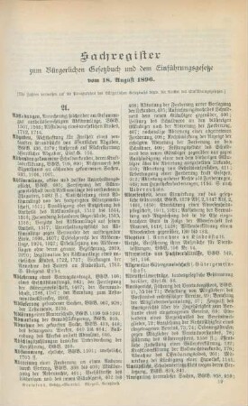 Sachregister zum Bürgerlichen Gesetzbuch und dem Einführungsgesetze vom 18. August 1896
