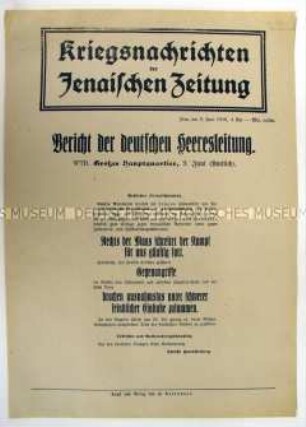 Nachrichtenblatt der "Jenaischen Zeitung" mit Meldungen von verschiedenen Kriegsschauplätzen