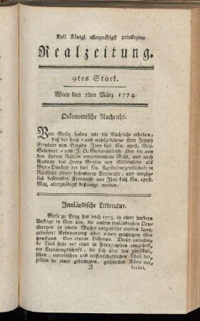 9tes Stück. Wien den 5ten März 1774.