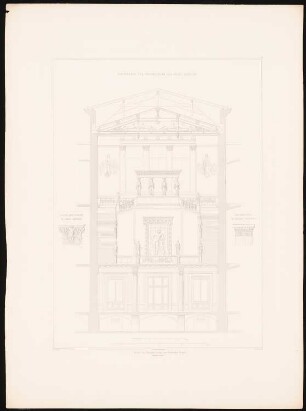 Das Neue Museum in Berlin von Stüler, Potsdam 1853: Tafel 14. Schnitt durch das Treppenhaus; Details: Kapitelle im oberen Geschoss und im unteren Vestibül.