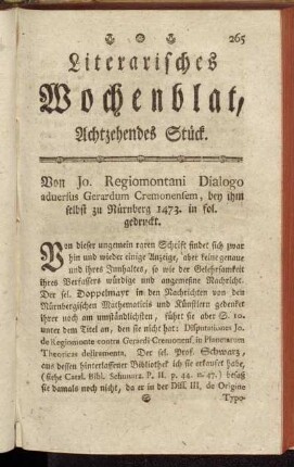Literarisches Wochenblat, Achtzehendes Stück.