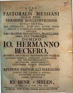 De pastoralis Messiani Ps. 23. versione Berlenburgensi disquisitio