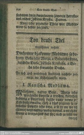Ton druhi Thel wopschimne weßebi Duchomne dzakomne Modlitwy sa dobroty Boha teho Wotza, a Boha teho ßyna, nascheho Knesa Jesußa Krystußa, a Boha teho ßwjateho Ducha