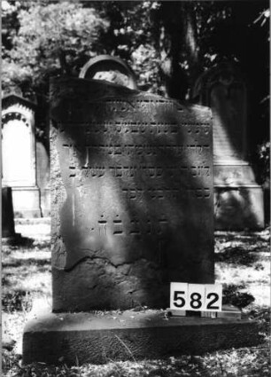 Grabstein 582 (Index: 99630084) Material: Sandstein Zustand: oben abgebroch/Textverl/teilw. abgeblätt. Maße HxBxT: 90x55x11 cm Beschreibung: Stele auf Sockel: Grabstein 582