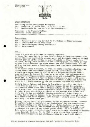 Sitzungsprotokolle: Steuerungsgruppe Moritzplatz, 8.1. - 26.3.1987