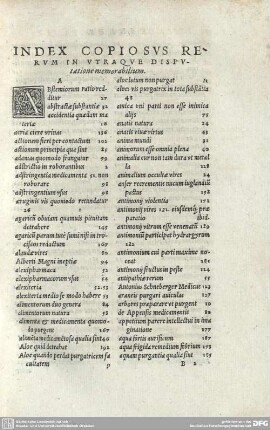 INDEX COPIOSUS RERUM IN UTRAQUE DISPUtatione memorabilum.