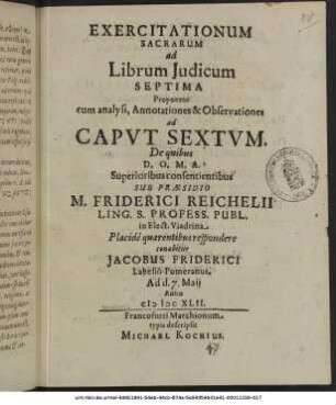Exercitationum Sacrarum ad Librum Iudicum Septima Proponens cum analysi, Annotationes & Observationes ad Caput Sextum