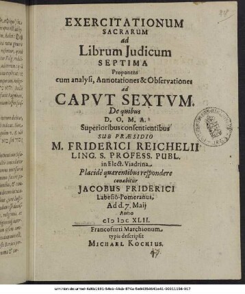 Exercitationum Sacrarum ad Librum Iudicum Septima Proponens cum analysi, Annotationes & Observationes ad Caput Sextum