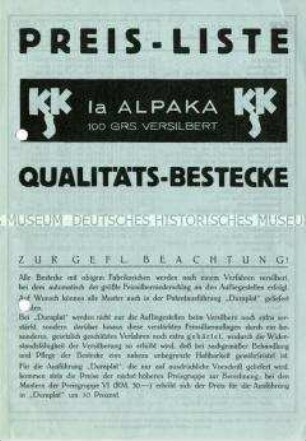 Preisliste über Alpaka-Qualitäts-Bestecke