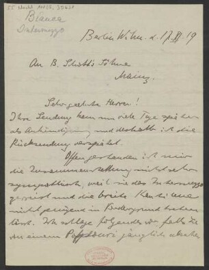 Brief an B. Schott's Söhne : 17.11.1919