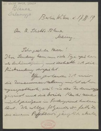 Brief an B. Schott's Söhne : 17.11.1919