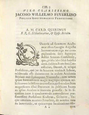 Ad Clarissimum Virum Jacobum Willelmum Feverlinum Publ. Goettingensem Professorem Epistola