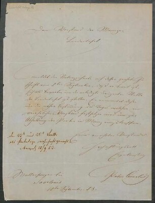 Brief von Peter Cornelius an Mainzer Liedertafel