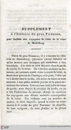 Supplément à histoire du gros Tonneau, pour faciliter aux voyageurs la visite de la ruine de Heidelberg
