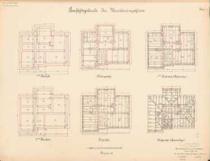 Geschäftsgebäude der Wasserbauinspektion, Emden: Grundrisse Fundamente KG, EG, OG, DG 1:100