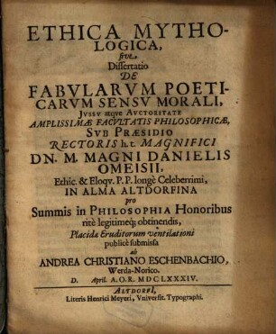 Ethica Mythologica, sive Dissertatio De Fabvlarvm Poeticarvm Sensv Morali