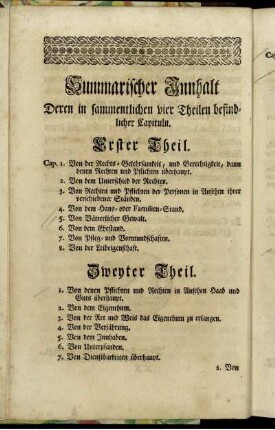 Summarischer Innhalt Deren in sammentlichen vier Theilen befindlicher Capituln.