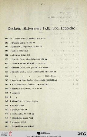 Decken, Stickereien, Felle und Teppiche (Nr. 829-873)