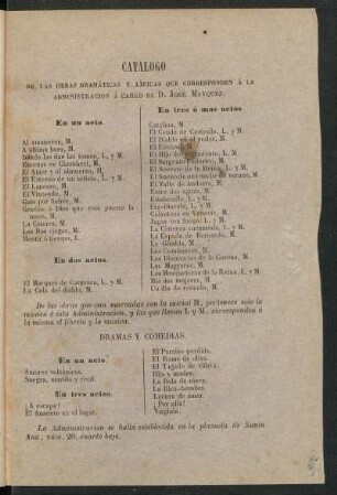 Catálogo de las obras dramáticas y líricas que corresponden a la administración a cargo de D. José Mayquez