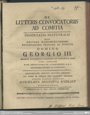 De Litteris Convocatoriis Ad Comitia : Dissertatio Inauguralis