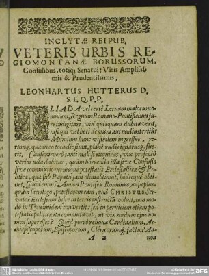 Inclytae Reipub. Veteris Urbis Regiomontanae Borussorum, Consulibus, totiq[ue] Senatui: Viris Amplissismis & Prudentissimis