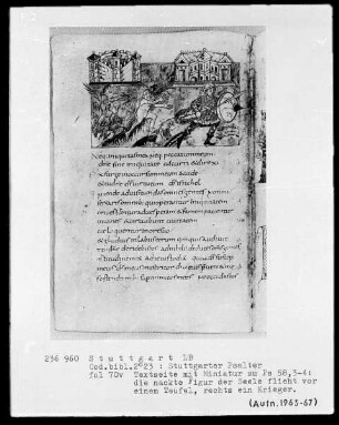 Der Stuttgarter Bibelpsalter — Saul läßt das Haus Davids bewachen und ein Teufel jagt eine Seele, Folio 70verso