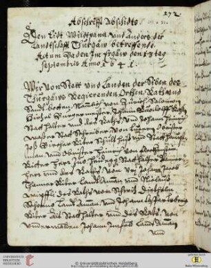 Beschluß vor allem über den Wildbann und das Jagdrecht sowie weitere Rechte im Thurgau, 1641