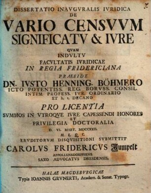 Dissertatio Inavgvralis Ivridica De Vario Censvvm Significatv & Ivre