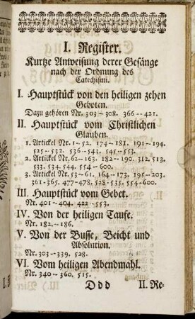 I. Register. Kurtze Anweisung derer Gesänge nach der Ordnung des Catechismi.